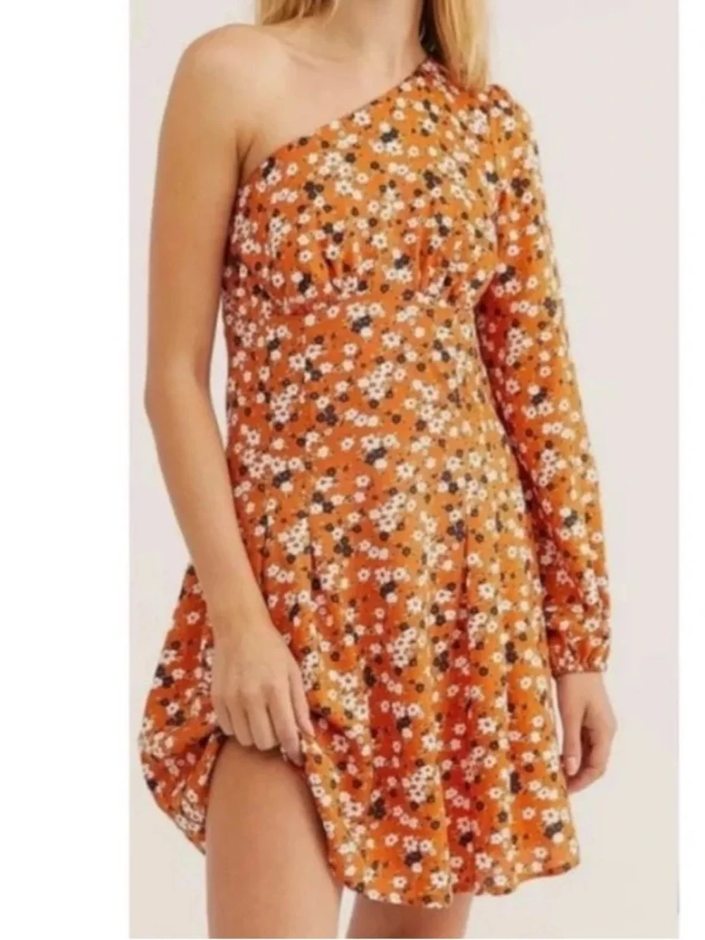 Free People Jules One-Shoulder Orange Floral‎ Mini Boho Dress